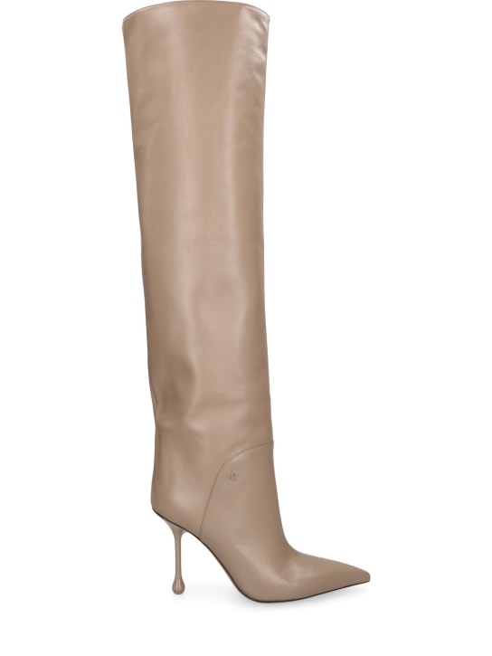 Jimmy Choo: 95mm Cycas KB leather knee high boots - Taupe - women_0 | Luisa Via Roma