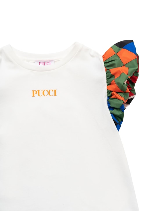 Pucci: 印花袖子棉质平纹针织T恤 - 象牙色 - kids-girls_1 | Luisa Via Roma