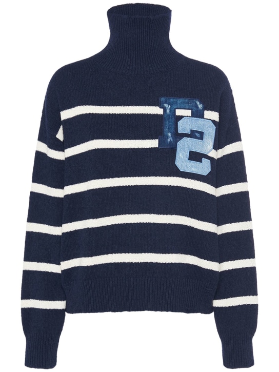 Dsquared2: Striped cotton bouclé turtleneck sweater - Mavi/Beyaz - women_0 | Luisa Via Roma