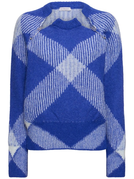 Burberry: Check knit squared neckline sweater - Blue/White - women_0 | Luisa Via Roma