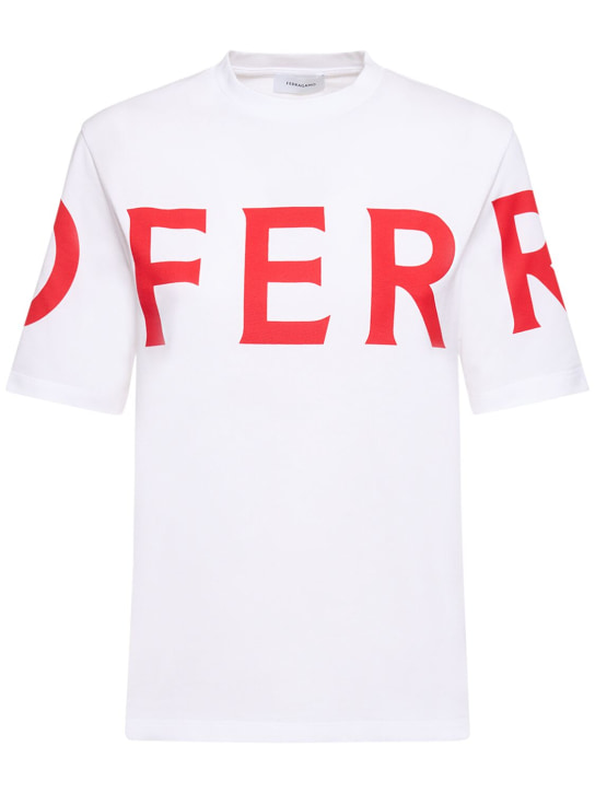 Ferragamo: T-shirt en jersey de coton à logo manches courtes - Blanc/Rouge - women_0 | Luisa Via Roma