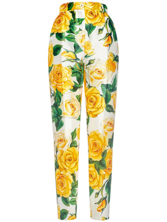 Dolce&Gabbana: Pantalon droit en soie Mikado imprimé roses - Multicolore - women_0 | Luisa Via Roma