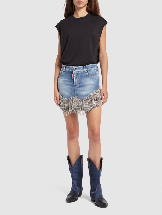 Dsquared2: Crystal fringe denim midrise mini skirt - Mavi - women_1 | Luisa Via Roma