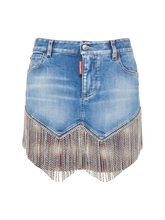 Dsquared2: Crystal fringe denim midrise mini skirt - Mavi - women_0 | Luisa Via Roma