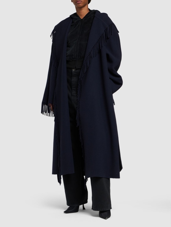 Balenciaga: Manteau en laine brossée à franges - Bleu Marine Foncé - women_1 | Luisa Via Roma