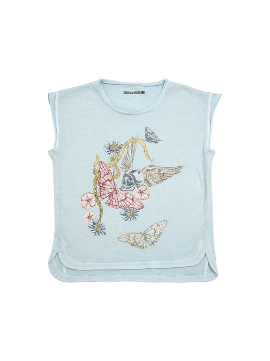 Zadig&Voltaire: T-shirt in cotone tinto in capo con decorazioni - Celeste - kids-girls_0 | Luisa Via Roma