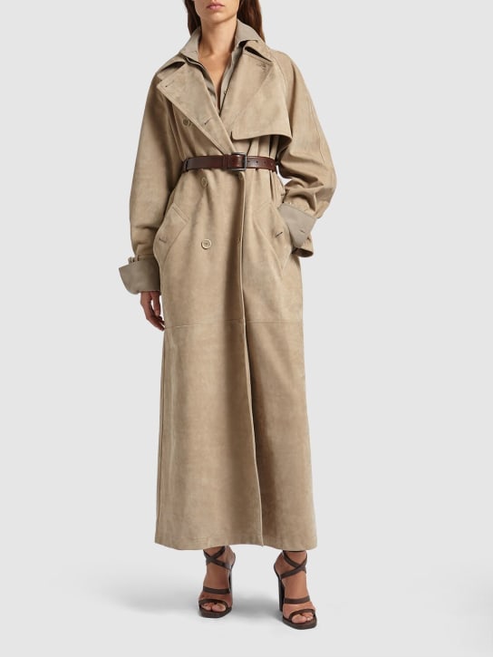 Max Mara: Quinto leather & suede trench coat - Khaki - women_1 | Luisa Via Roma