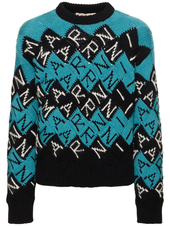 Marni: Suéter de punto de lana con logo intarsia - Azul/Negro - men_0 | Luisa Via Roma