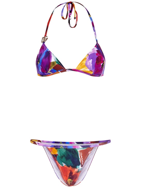 Dolce&Gabbana: Bikini triangle en jersey imprimé fleurs - Multicolore - women_0 | Luisa Via Roma