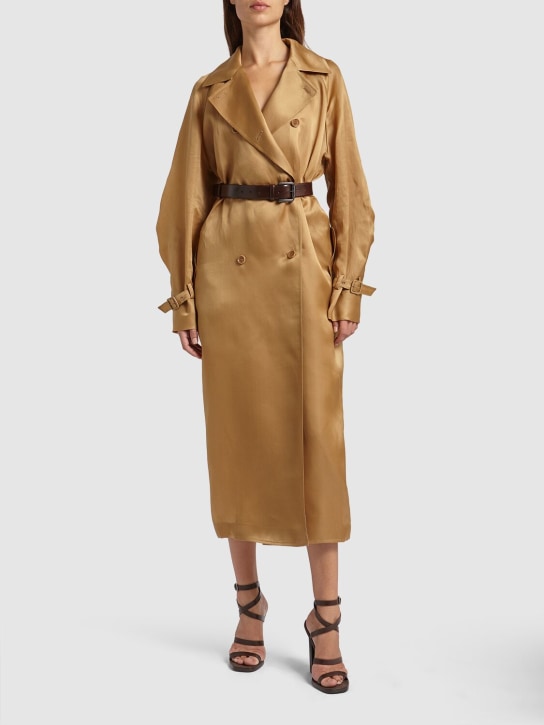 Max Mara: Trench-coat en organza de soie & ceinture Sacco - Beige Foncé - women_1 | Luisa Via Roma