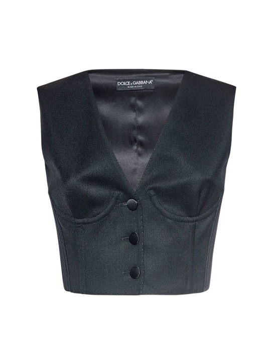 Dolce&Gabbana: Wool & satin cropped corset vest - Siyah - women_0 | Luisa Via Roma