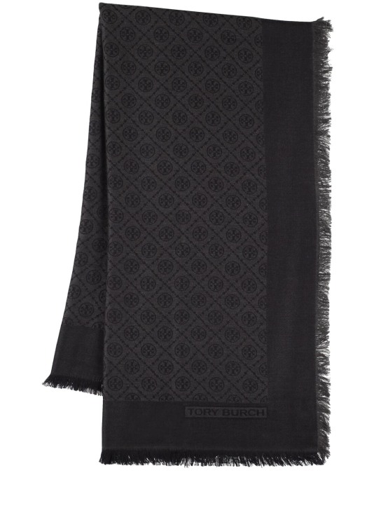 Tory Burch: Monogram wool & silk traveler scarf - Black - women_0 | Luisa Via Roma