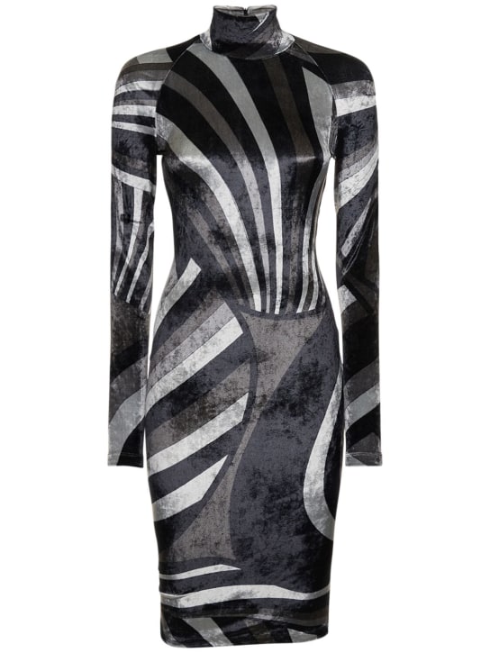 Pucci: Printed velvet jersey t-neck mini dress - Gri/Siyah - women_0 | Luisa Via Roma