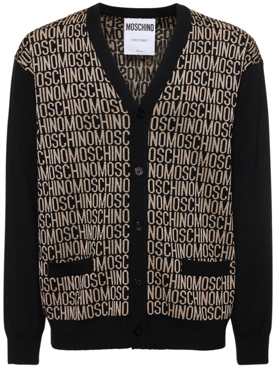 Moschino: Cardigan in maglia di lana con logo - Nero/Oro - men_0 | Luisa Via Roma