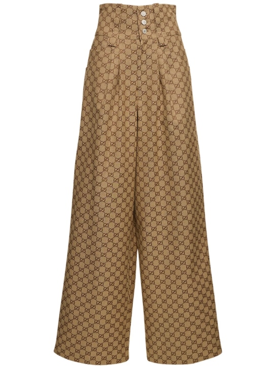 Gucci: Pantaloni in tela di misto cotone GG - Cammello/Ebano - women_0 | Luisa Via Roma