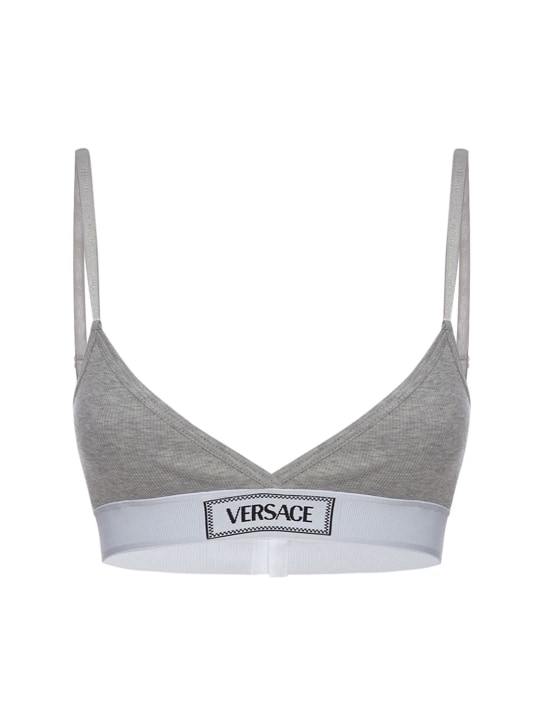 Versace: Soutien-gorge triangle en coton côtelé à logo - Gris - women_0 | Luisa Via Roma