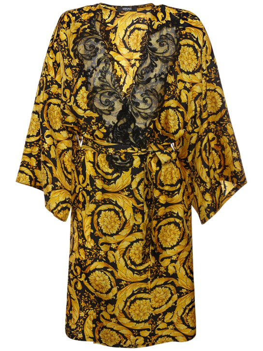 Versace: Vestito in twill di seta stampato - Nero/Oro - women_0 | Luisa Via Roma