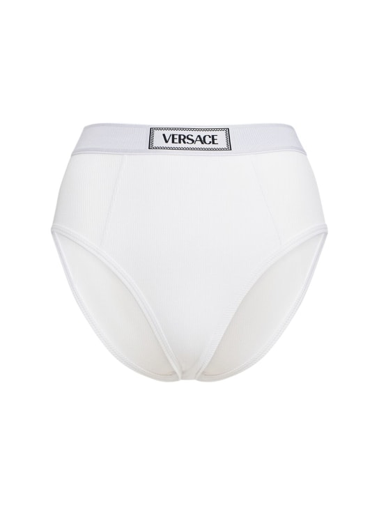 Versace: 罗纹棉质高腰三角内裤 - 白色 - women_0 | Luisa Via Roma