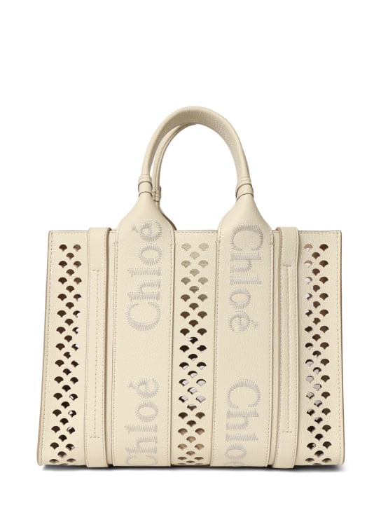 Chloé: 木质多孔粒面皮革手提包 - 白色 - women_0 | Luisa Via Roma