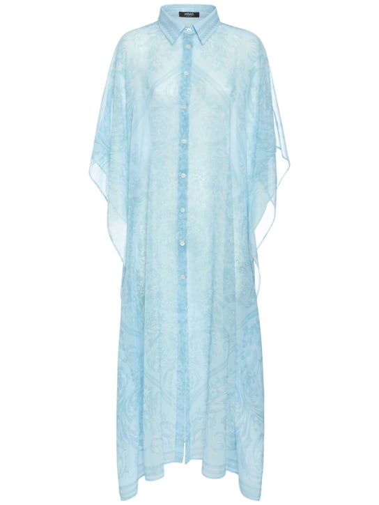 Versace: Barocco印花长款雪纺罩衫式连衣裙 - 浅蓝色 - women_0 | Luisa Via Roma