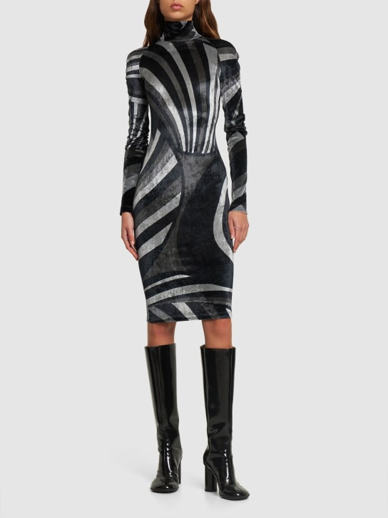 Pucci: Printed velvet jersey t-neck mini dress - Gri/Siyah - women_1 | Luisa Via Roma