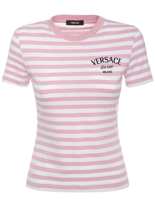 Versace: 로고 스트라이프 저지 티셔츠 - 화이트/핑크 - women_0 | Luisa Via Roma