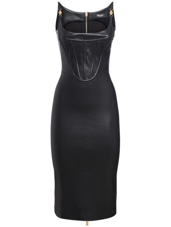 Versace: Robe bustier midi en cuir brillant - Noir - women_0 | Luisa Via Roma