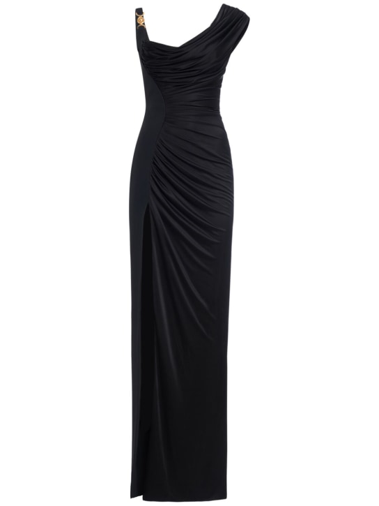 Versace: 垂褶平纹针织长款连衣裙 - 黑色 - women_0 | Luisa Via Roma