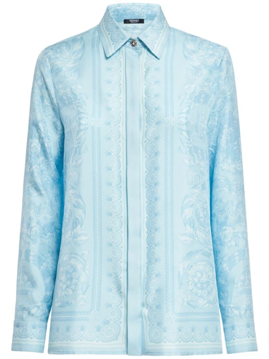 Versace: Barocco print silk twill formal shirt - Açık Mavi - women_0 | Luisa Via Roma