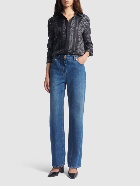 Versace: Barocco print silk twill formal shirt - Multi/Black - women_1 | Luisa Via Roma