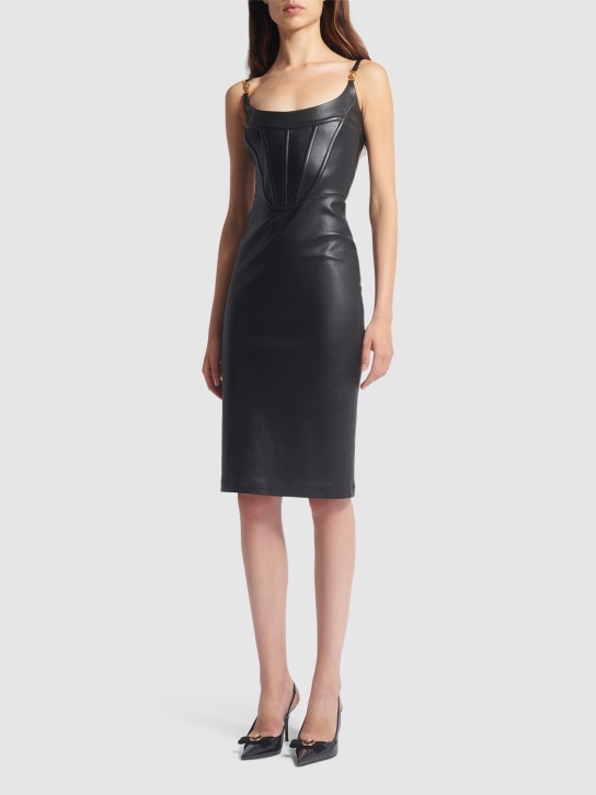 Versace: Robe bustier midi en cuir brillant - Noir - women_1 | Luisa Via Roma