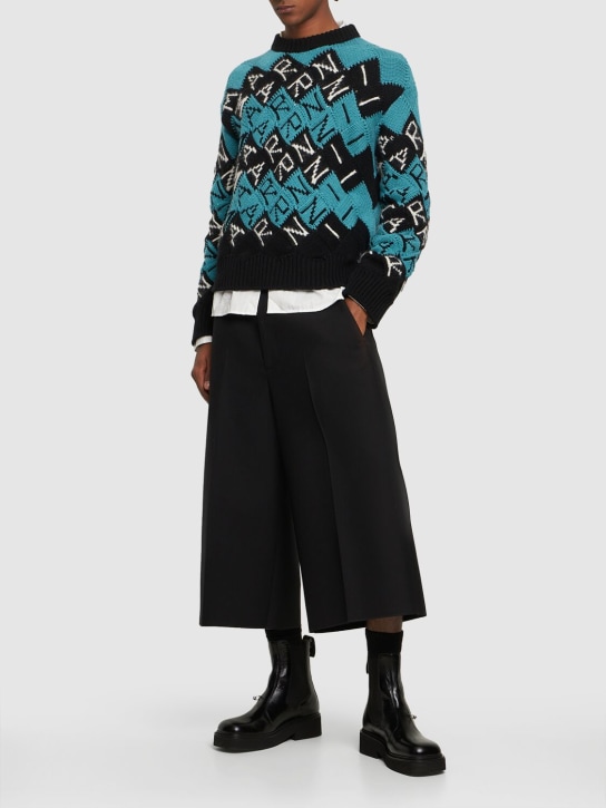 Marni: Suéter de punto de lana con logo intarsia - Azul/Negro - men_1 | Luisa Via Roma