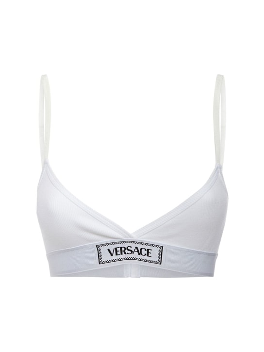 Versace: Reggiseno in cotone a costine con logo - Bianco - women_0 | Luisa Via Roma