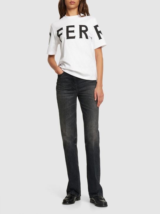 Ferragamo: T-shirt en jersey de coton à logo manches courtes - Noir/Blanc - women_1 | Luisa Via Roma