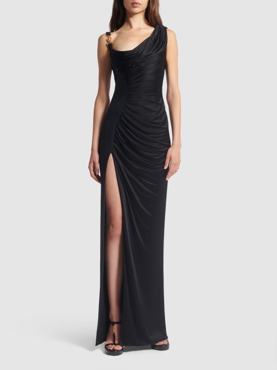 Versace: ドレープジャージードレス - ブラック - women_1 | Luisa Via Roma