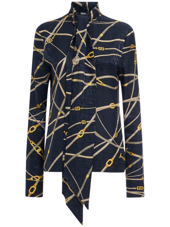 Versace: Camicia in misto seta jacquard - Navy/Multi - women_0 | Luisa Via Roma