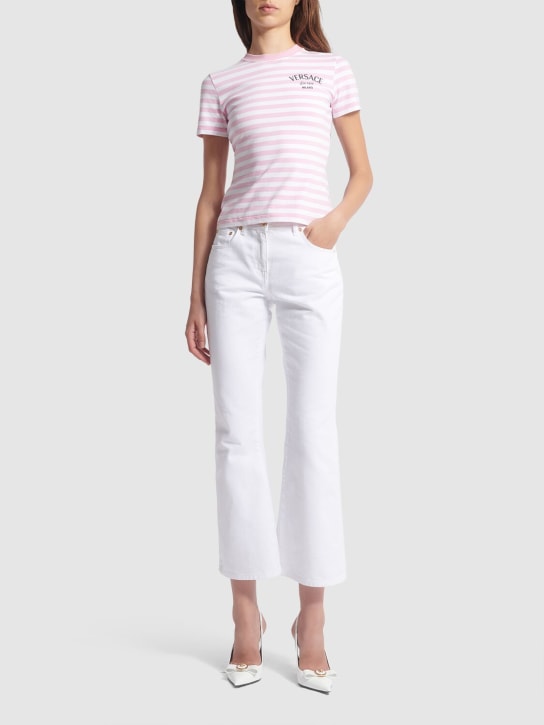 Versace: Logo striped jersey t-shirt - White/Pink - women_1 | Luisa Via Roma