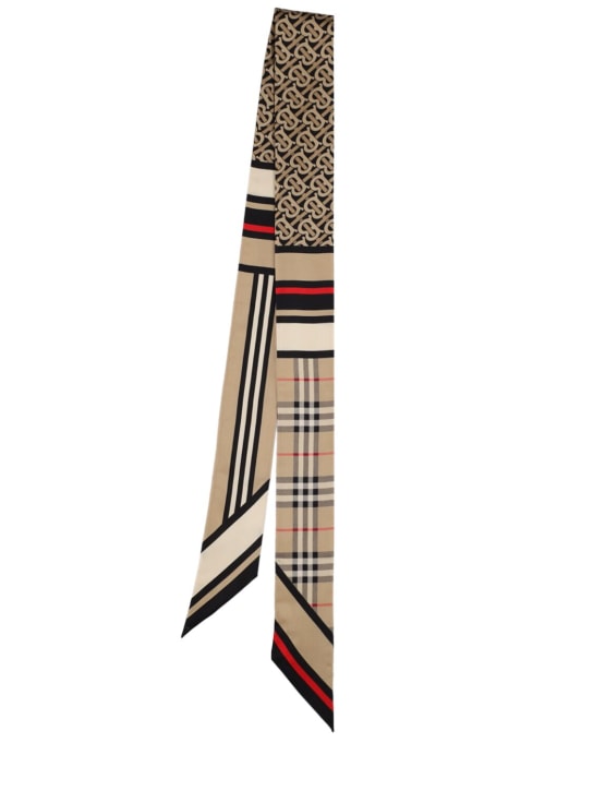 Burberry: Triple check stripe TB silk ribbon scarf - Archive Beige - women_0 | Luisa Via Roma