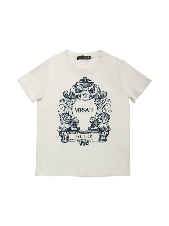 Versace: Logo印花棉质平纹针织T恤 - 白色/海军蓝 - kids-boys_0 | Luisa Via Roma