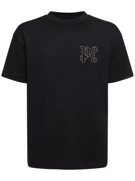 Palm Angels: T-shirt en coton à monogramme - Noir - men_0 | Luisa Via Roma