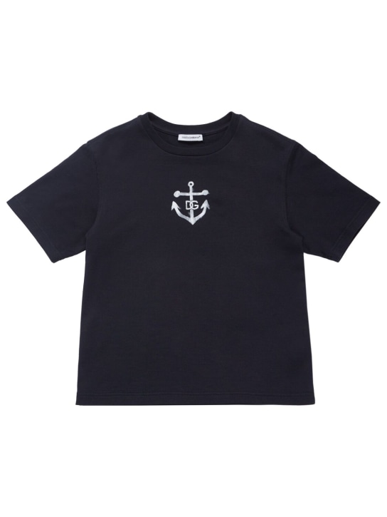 Dolce&Gabbana: T-shirt in jersey di cotone stampato - Blu Scuro - kids-boys_0 | Luisa Via Roma