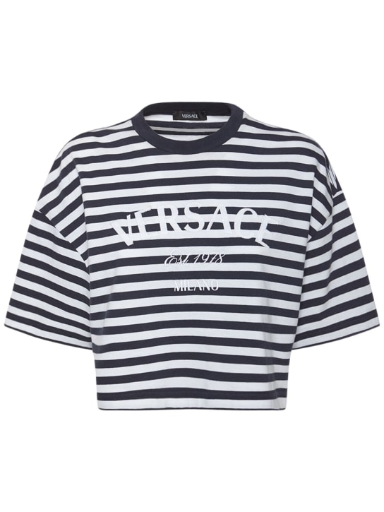 Versace: Striped jersey crop t-shirt - White/Navy - women_0 | Luisa Via Roma