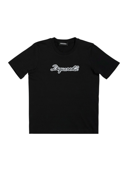Dsquared2: Logo刺绣棉质平纹针织T恤 - 黑色 - kids-girls_0 | Luisa Via Roma