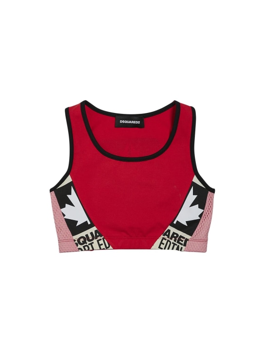 Dsquared2: Crop top zippé en jersey de coton stretch - Rouge - kids-girls_0 | Luisa Via Roma