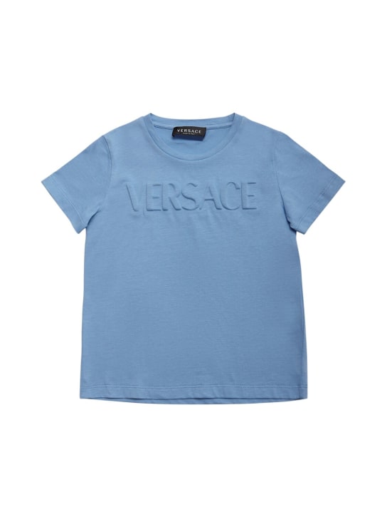 Versace: Camiseta de jersey de algodón con logo - Azul Claro - kids-boys_0 | Luisa Via Roma