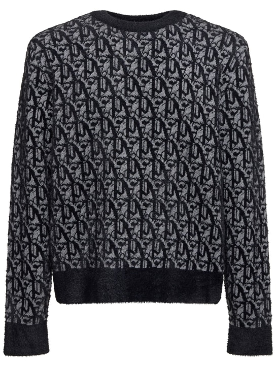 Palm Angels: Monogram jacquard wool blend sweater - Grey/Black - men_0 | Luisa Via Roma