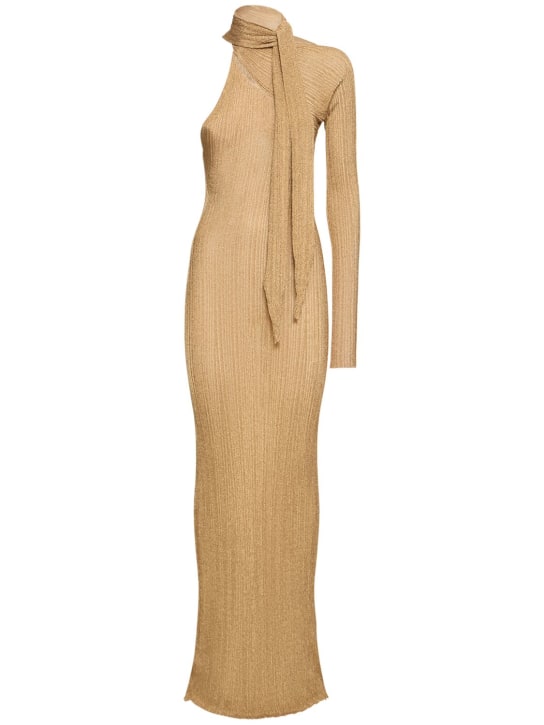 Rabanne: Pleated lurex one sleeve dress w/ scarf - Gold - women_0 | Luisa Via Roma