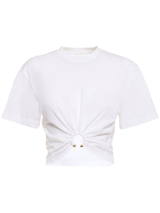 Rabanne: Logo cotton crop t-shirt w/ ring - White - women_0 | Luisa Via Roma