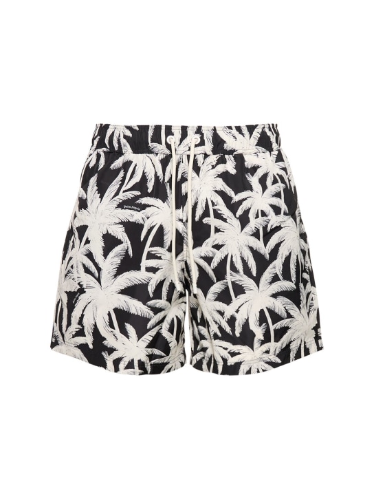 Palm Angels: Palm print tech swim shorts - Black/White - men_0 | Luisa Via Roma