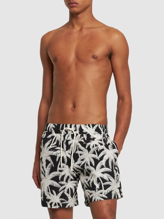Palm Angels: Palm print tech swim shorts - Black/White - men_1 | Luisa Via Roma